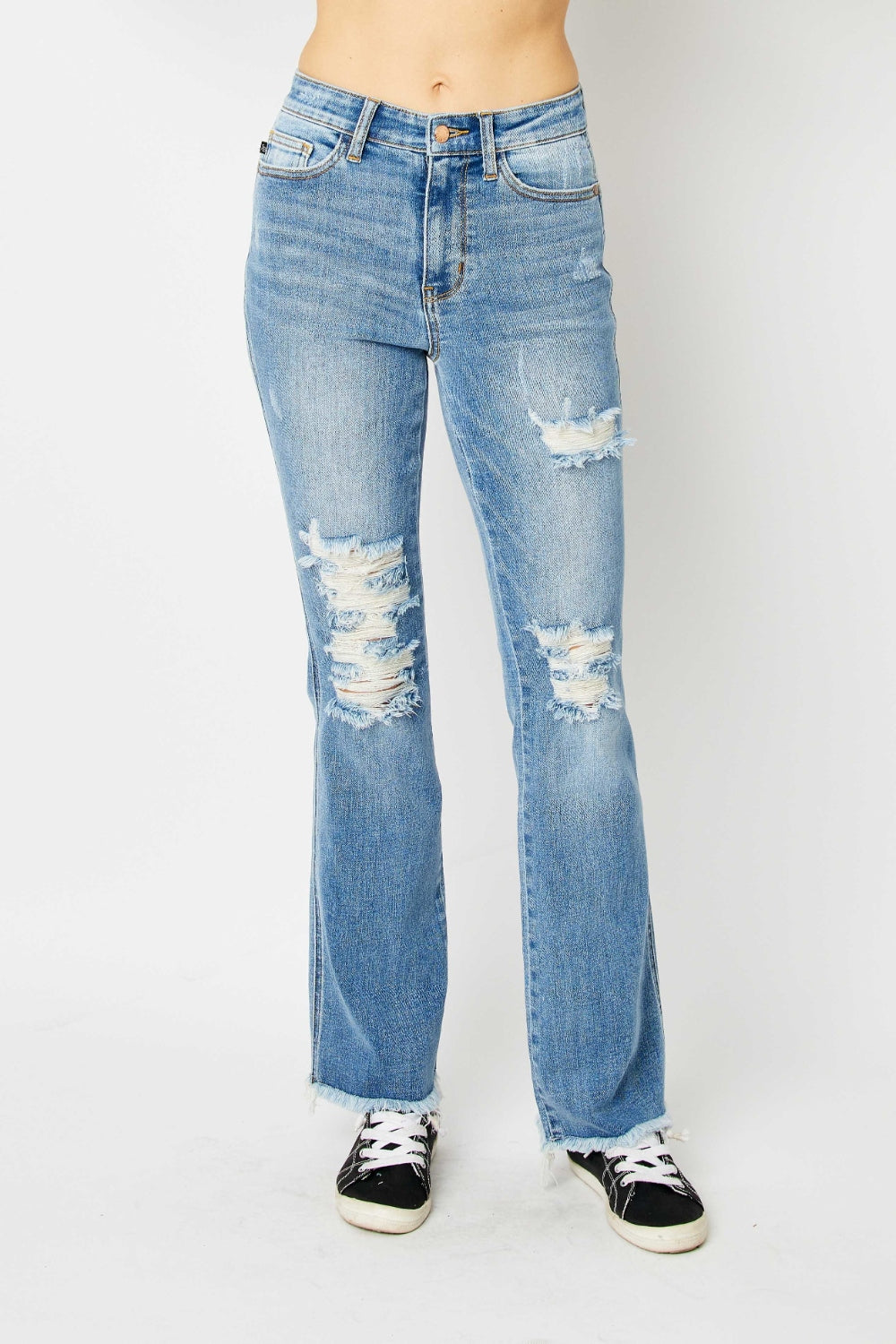 Judy Blue Full Size Distressed Raw Hem Bootcut Jeans Jeans Trendsi Blue 0(24) 