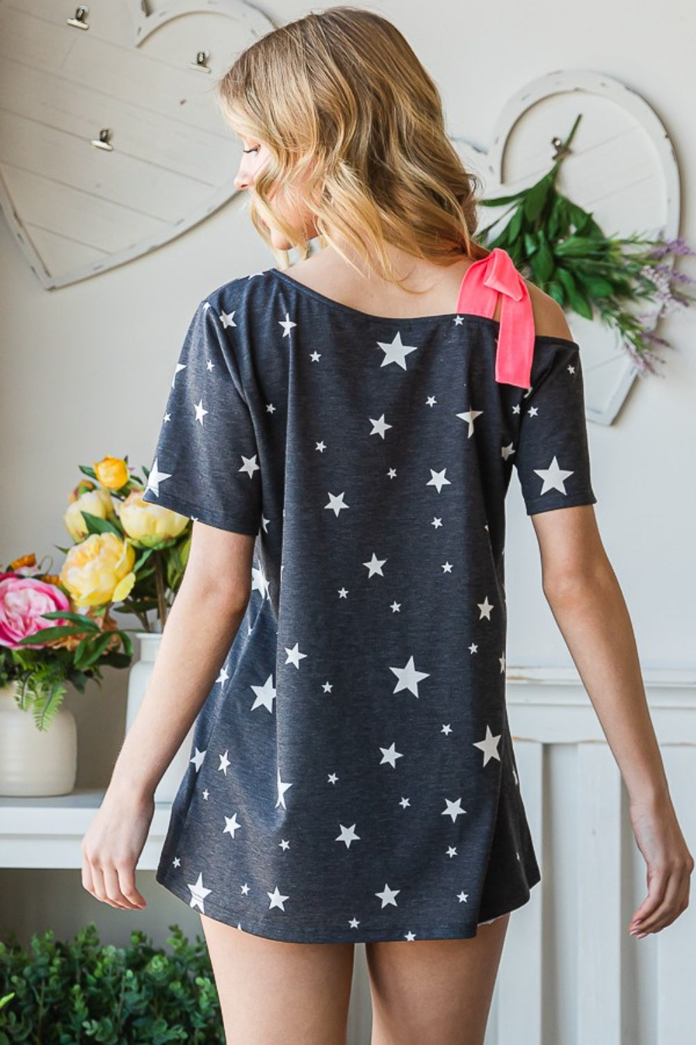 Heimish Full Size Star Print Asymmetrical Neck Short Sleeve Top Tops Trendsi   
