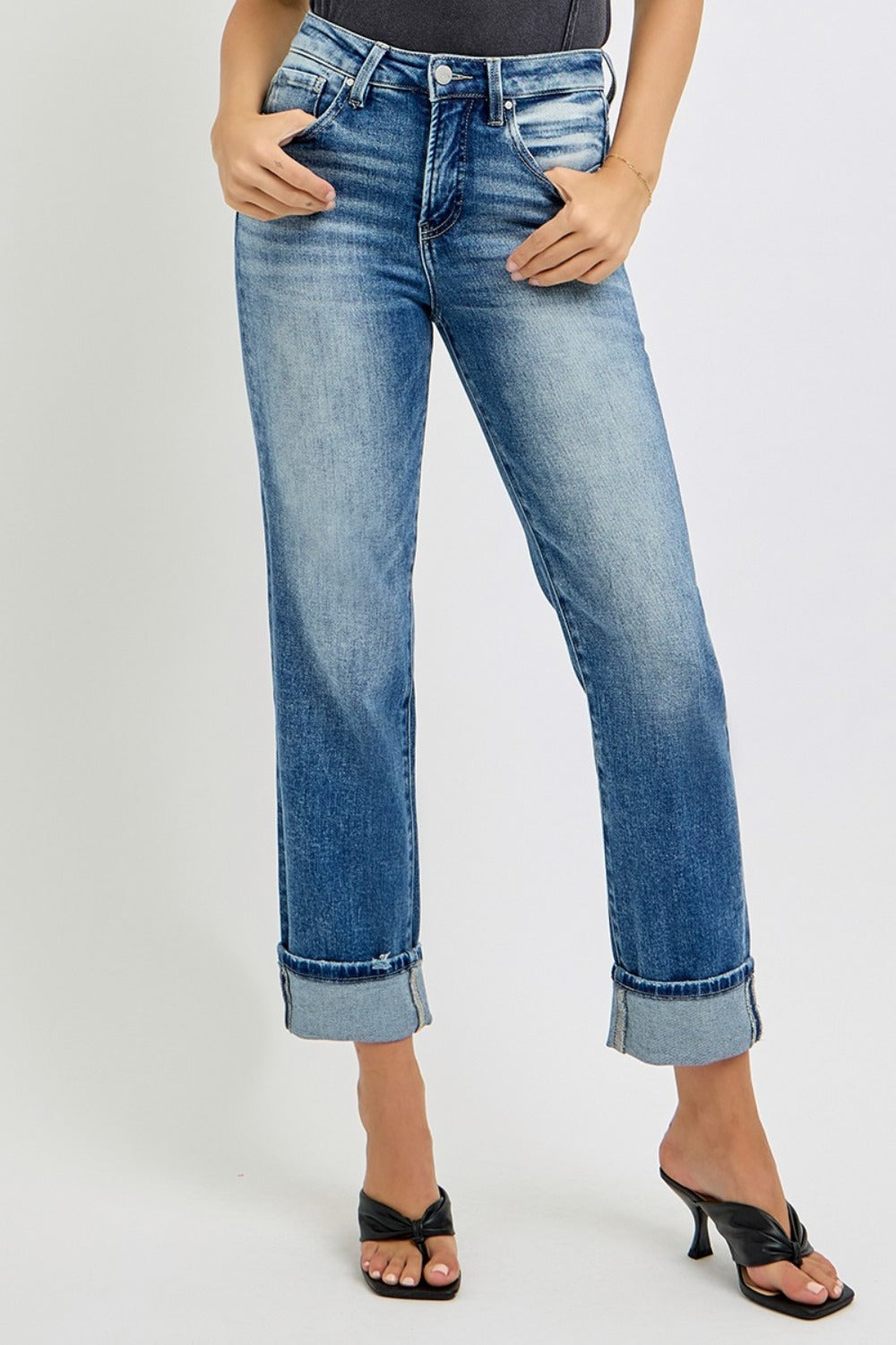 RISEN Full Size High Rise Crop Straight Roll Up Jeans