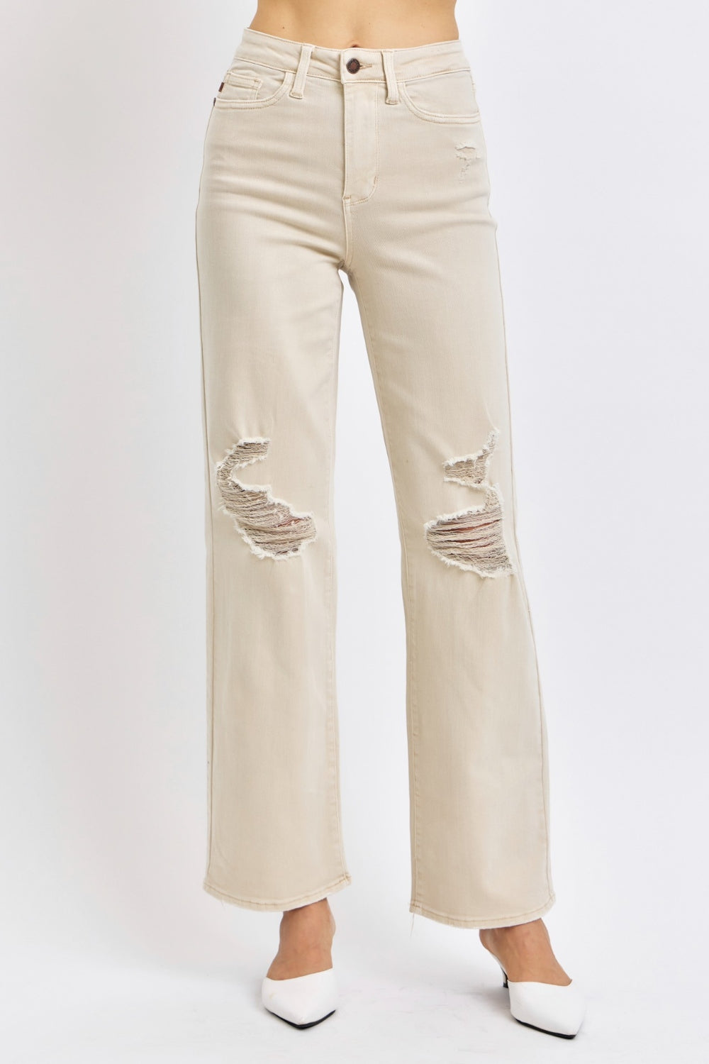 Judy Blue Full Size High Waist Distressed Wide Leg Jeans Jeans Trendsi Tan 0(24) 