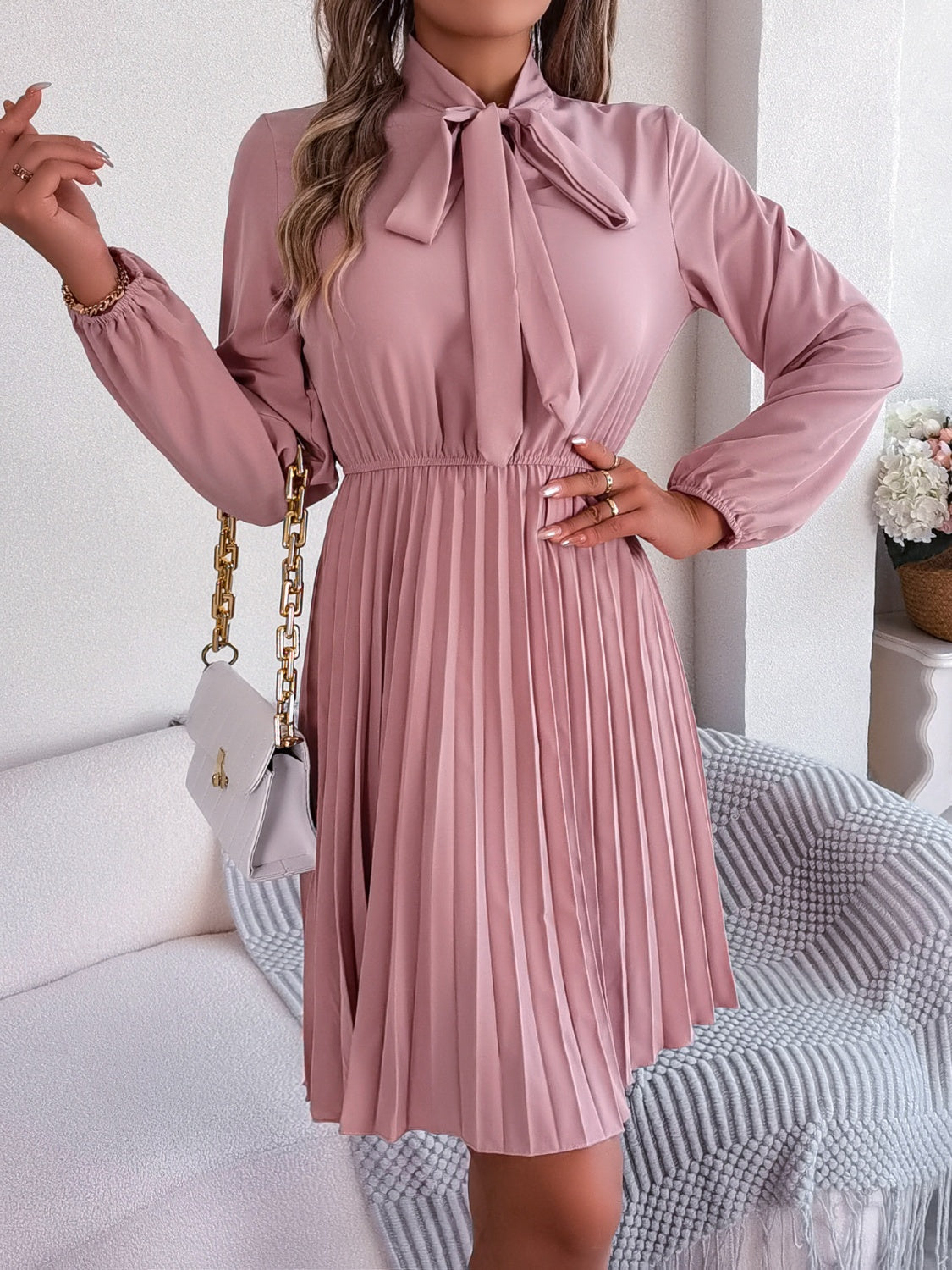 Tie Neck Balloon Sleeve Pleated Dress Dress Trendsi Dusty Pink S 