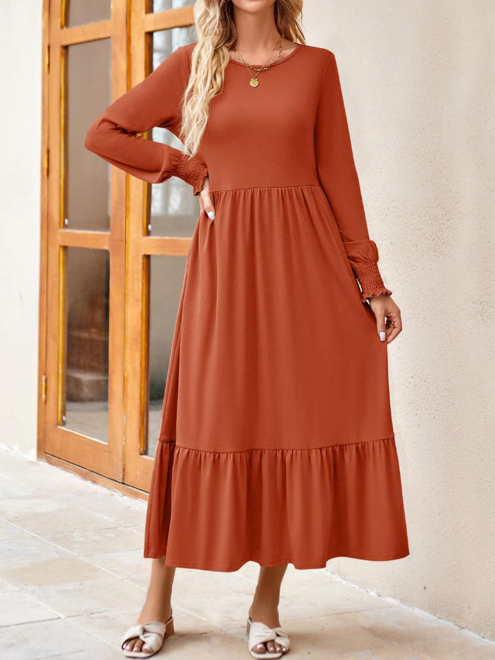 Round Neck Lantern Sleeve Ruffle Hem Dress Dress Trendsi Caramel S 