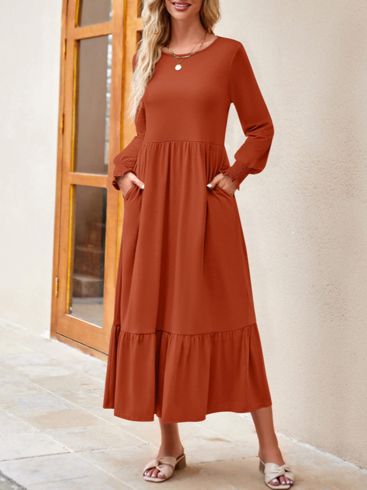 Round Neck Lantern Sleeve Ruffle Hem Dress Dress Trendsi   