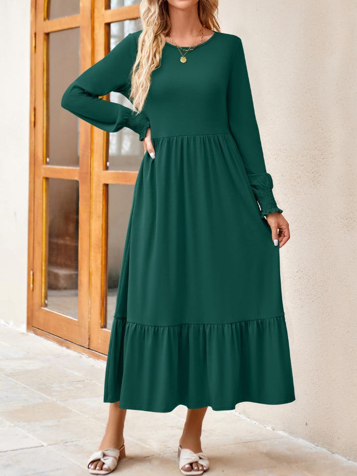 Round Neck Lantern Sleeve Ruffle Hem Dress Dress Trendsi Dark Green S 