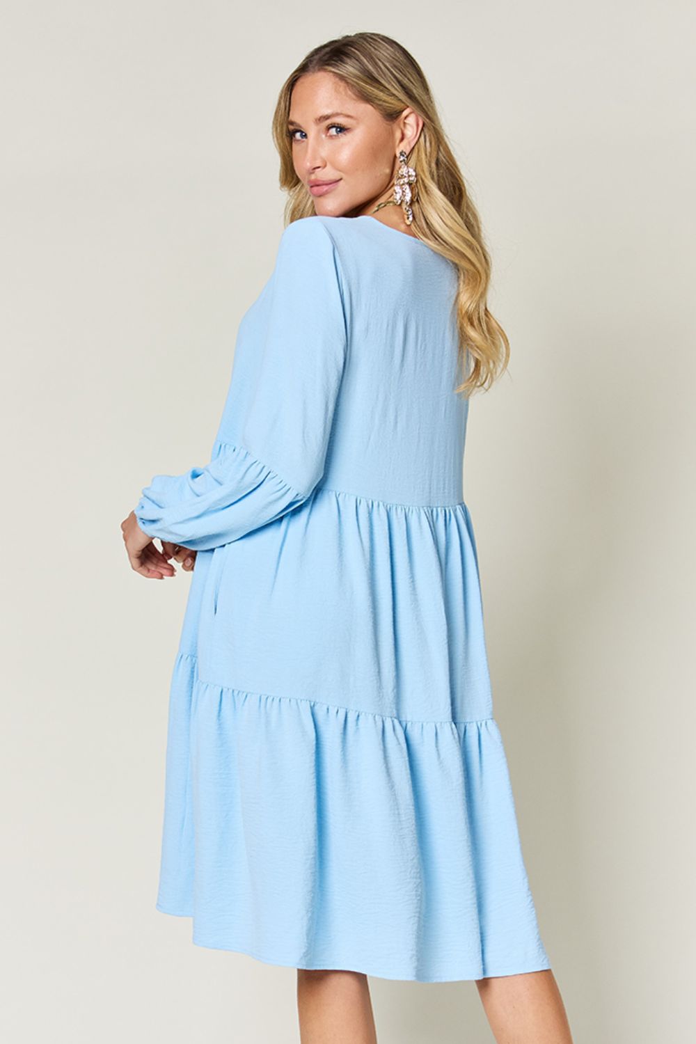 Double Take Full Size V-Neck Balloon Sleeve Tiered Dress Dresses Trendsi   