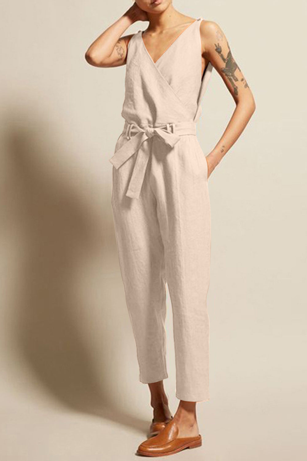 Full Size Surplice Sleeveless Jumpsuit Jumpsuits & Rompers Trendsi Sand S 