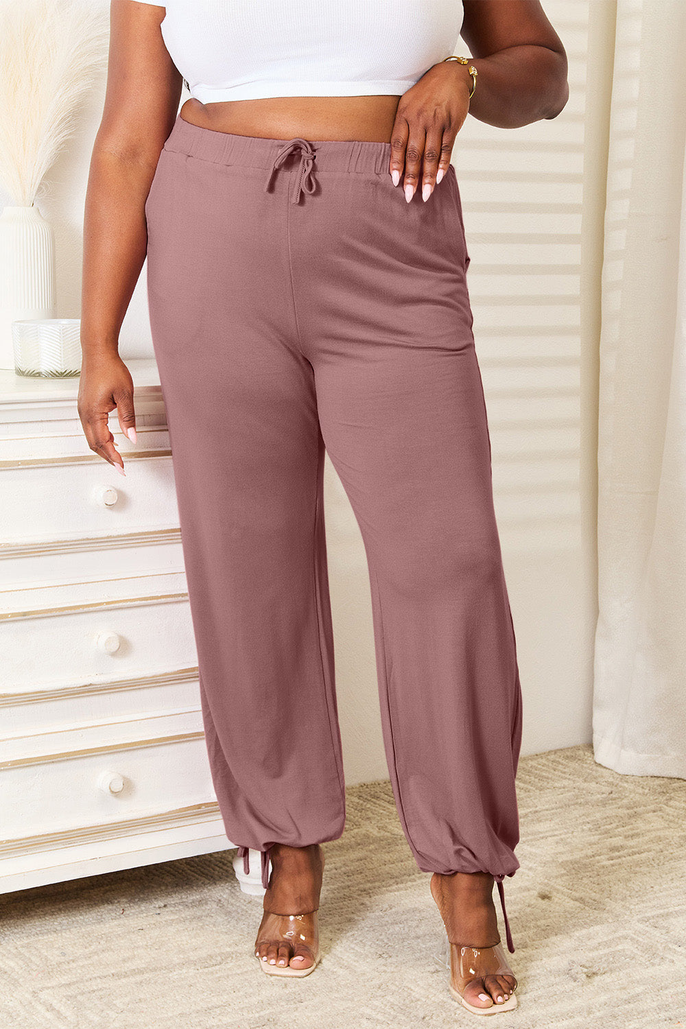 Basic Bae Full Size Soft Rayon Drawstring Waist Pants with Pockets Bottoms Trendsi Light Mauve S 