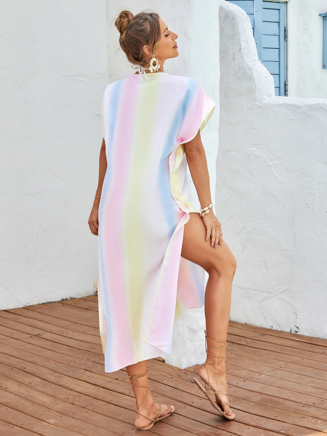 Slit Striped Notched Short Sleeve Cover Up Swimwear Trendsi   