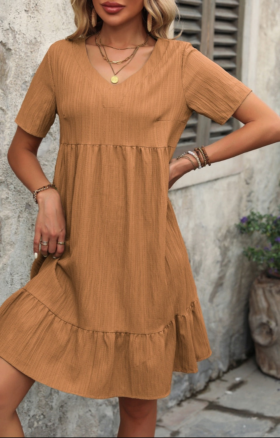 V-Neck Short Sleeve Mini Dress Dress Trendsi Camel S 