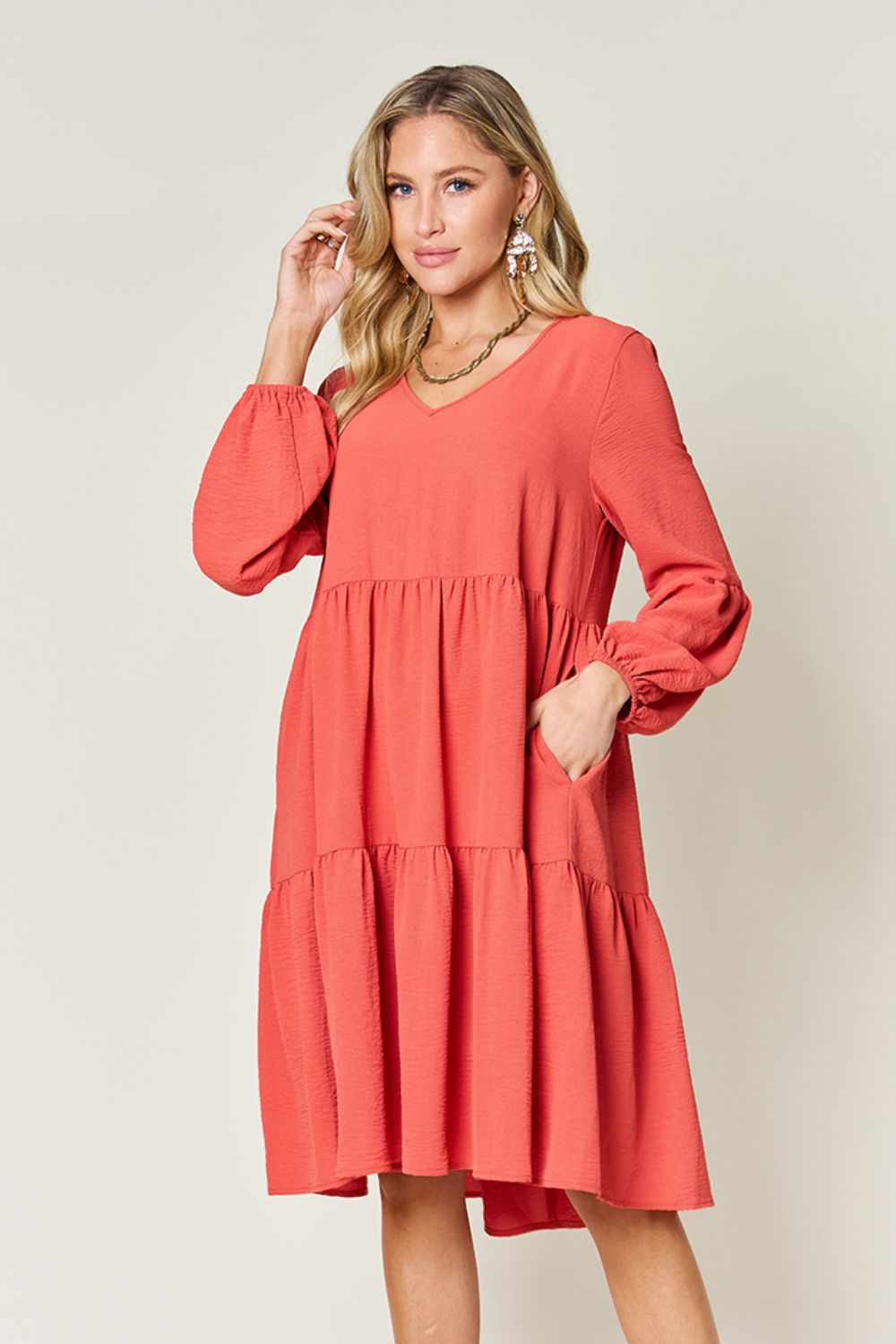 Double Take Full Size V-Neck Balloon Sleeve Tiered Dress Dresses Trendsi Coral S 