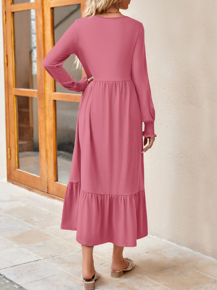 Round Neck Lantern Sleeve Ruffle Hem Dress Dress Trendsi   