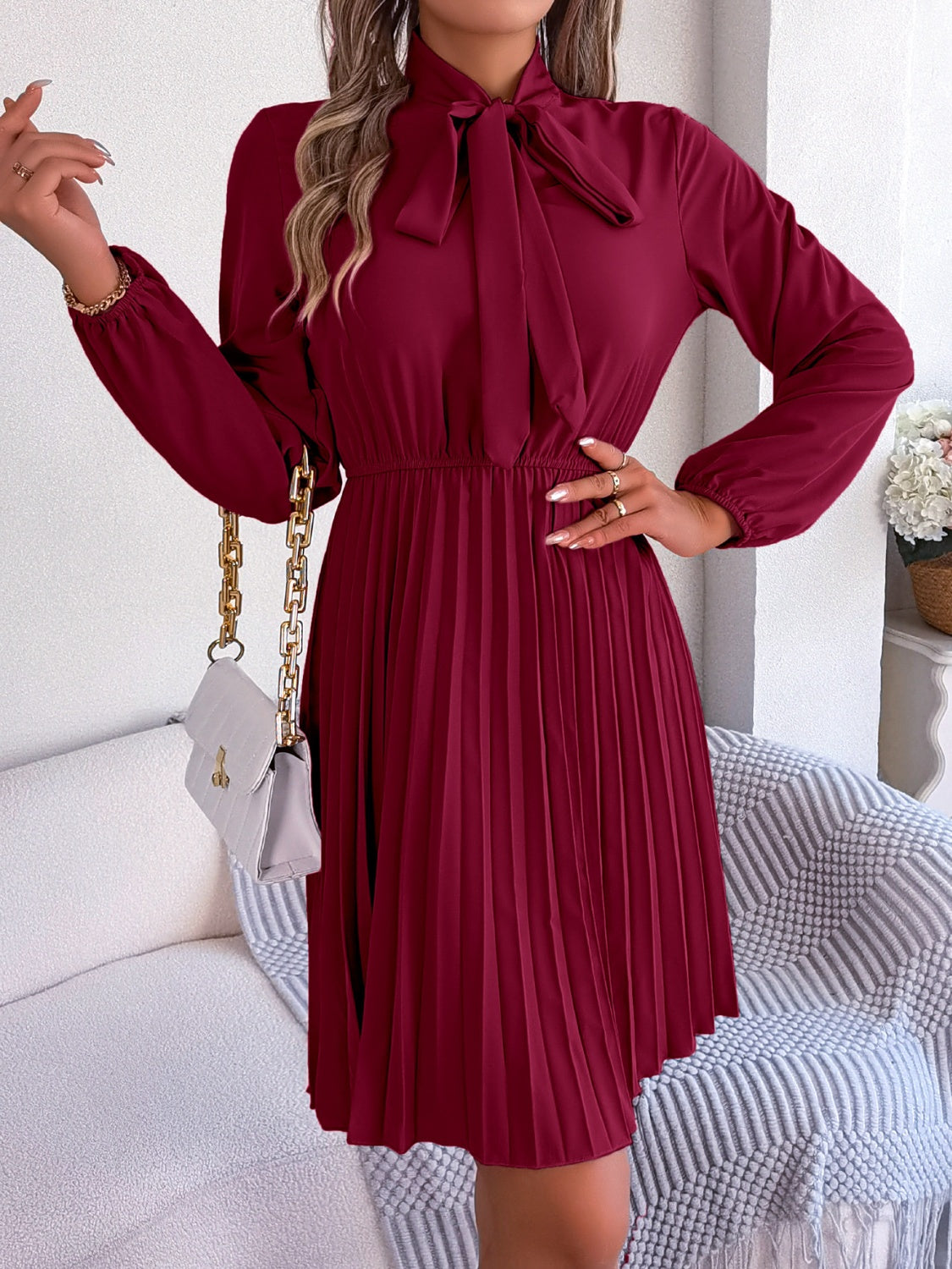 Tie Neck Balloon Sleeve Pleated Dress Dress Trendsi   