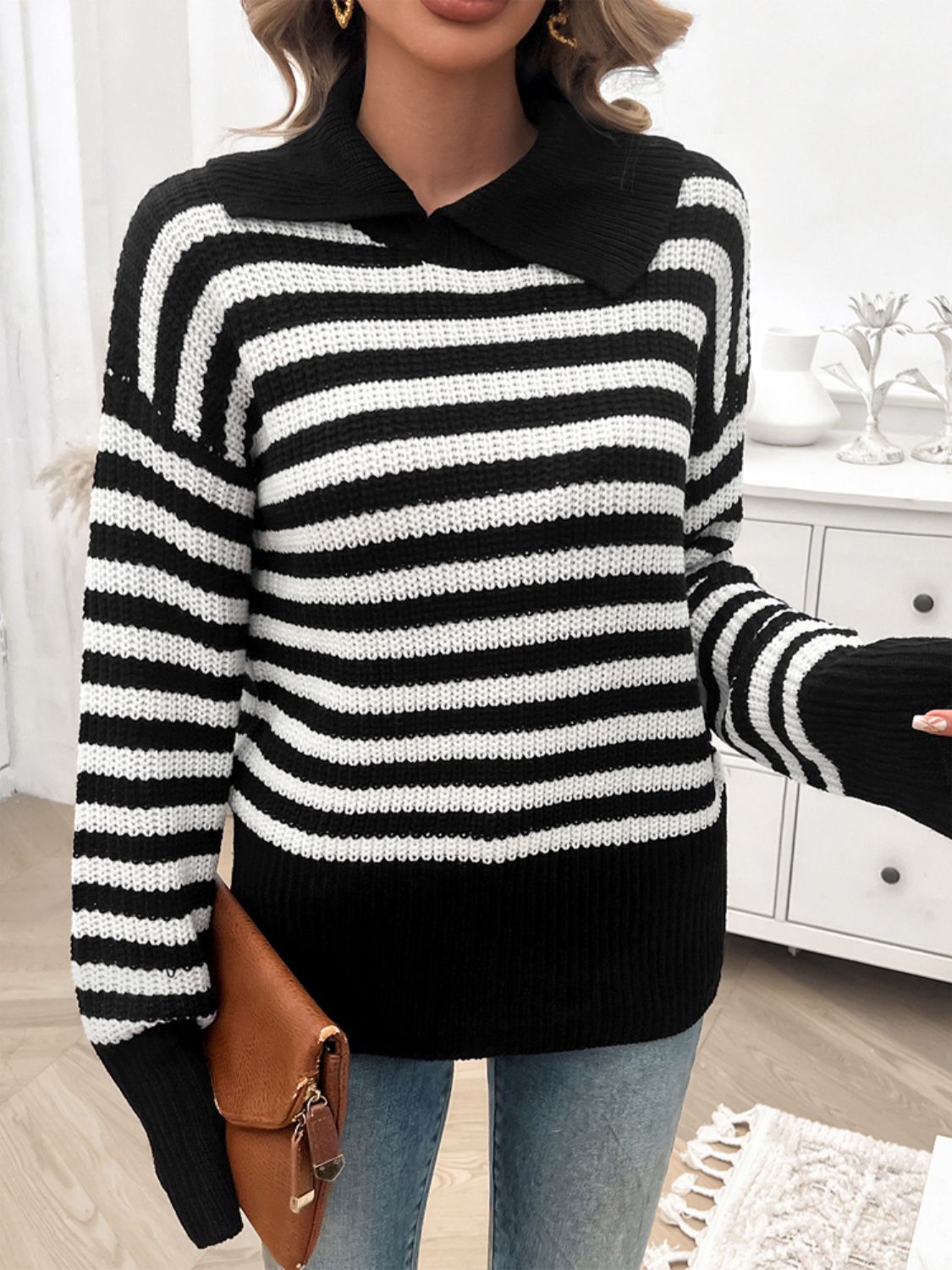 Devine Striped Collared Neck Long Sleeve Sweater