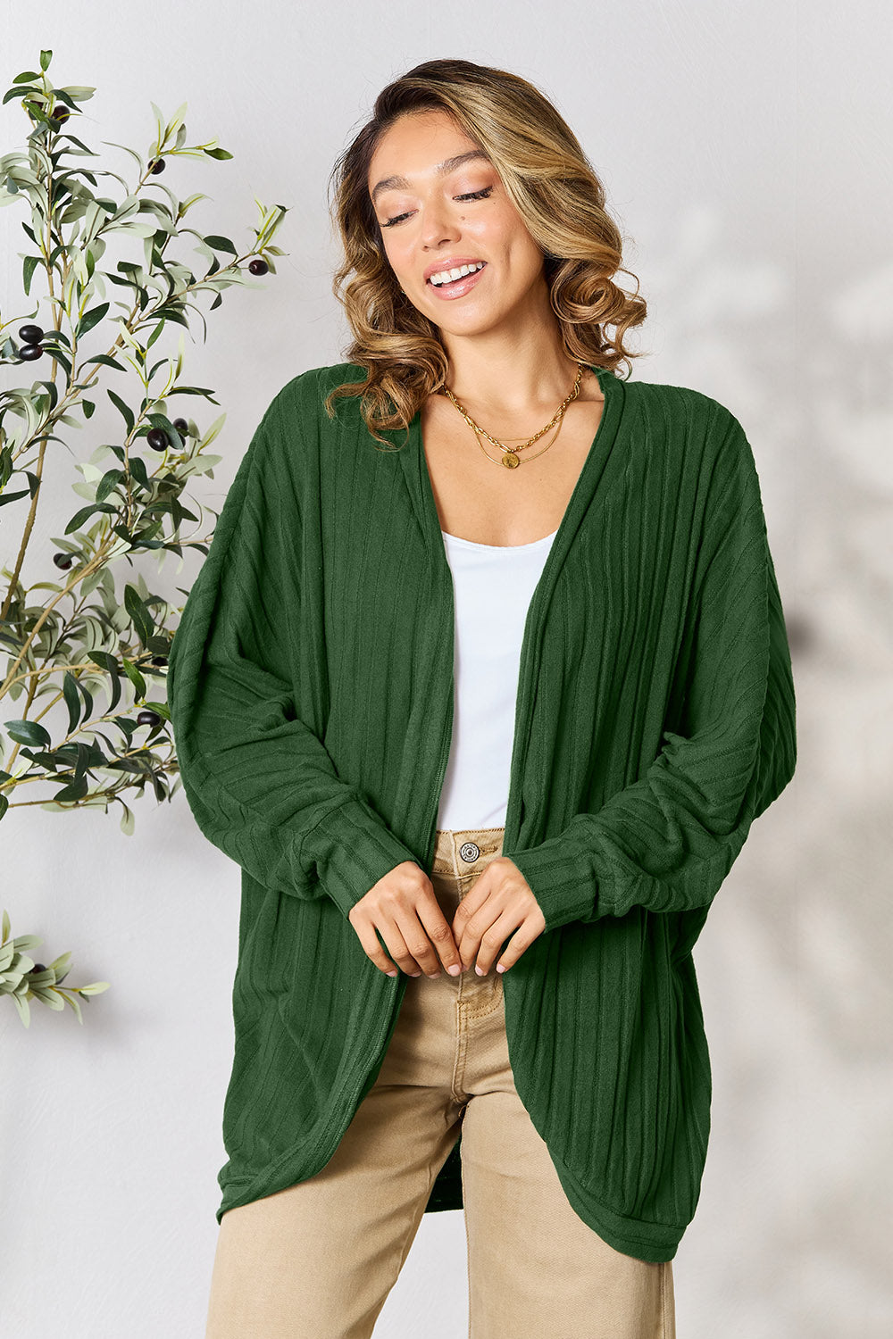 Basic Bae Full Size Ribbed Cocoon Cardigan Tops Trendsi Green S 
