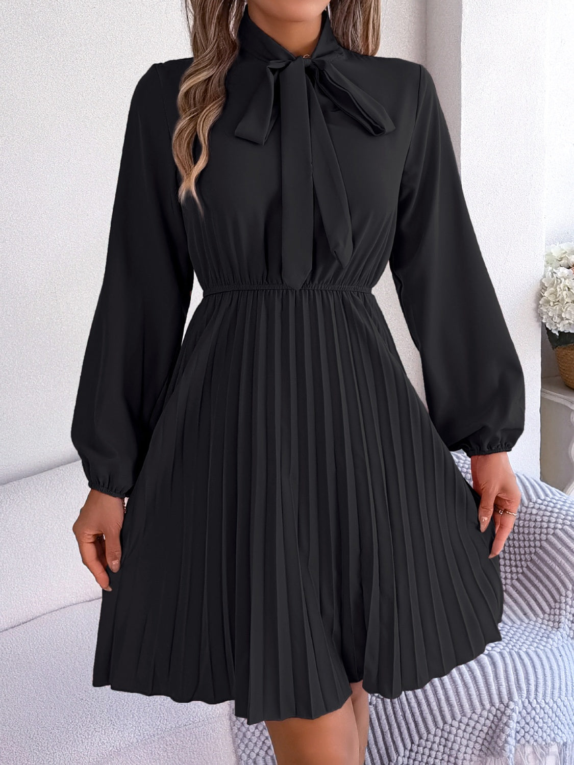 Tie Neck Balloon Sleeve Pleated Dress Dress Trendsi Black S 