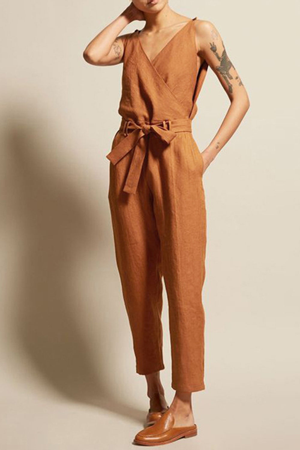 Full Size Surplice Sleeveless Jumpsuit Jumpsuits & Rompers Trendsi Caramel S 