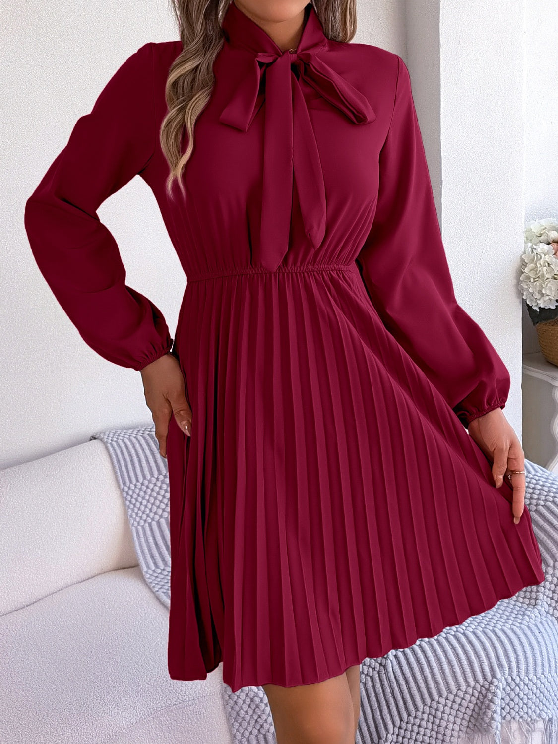 Tie Neck Balloon Sleeve Pleated Dress Dress Trendsi   