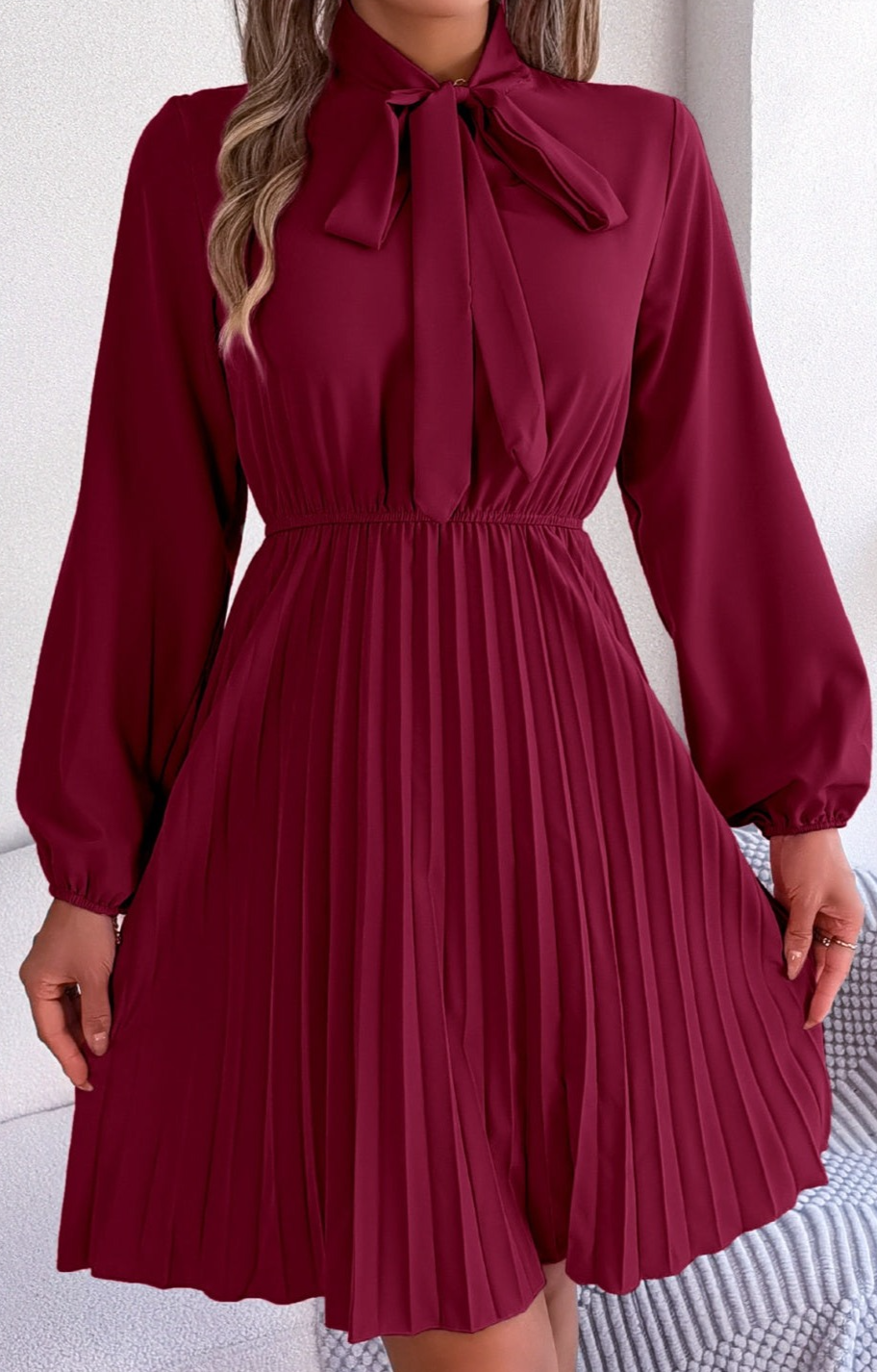 Tie Neck Balloon Sleeve Pleated Dress Dress Trendsi   