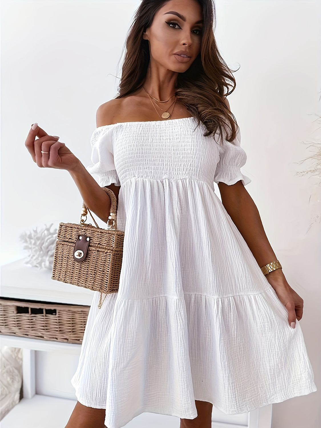Full Size Ruffled Off-Shoulder Short Sleeve Dress Dresses Trendsi White S 