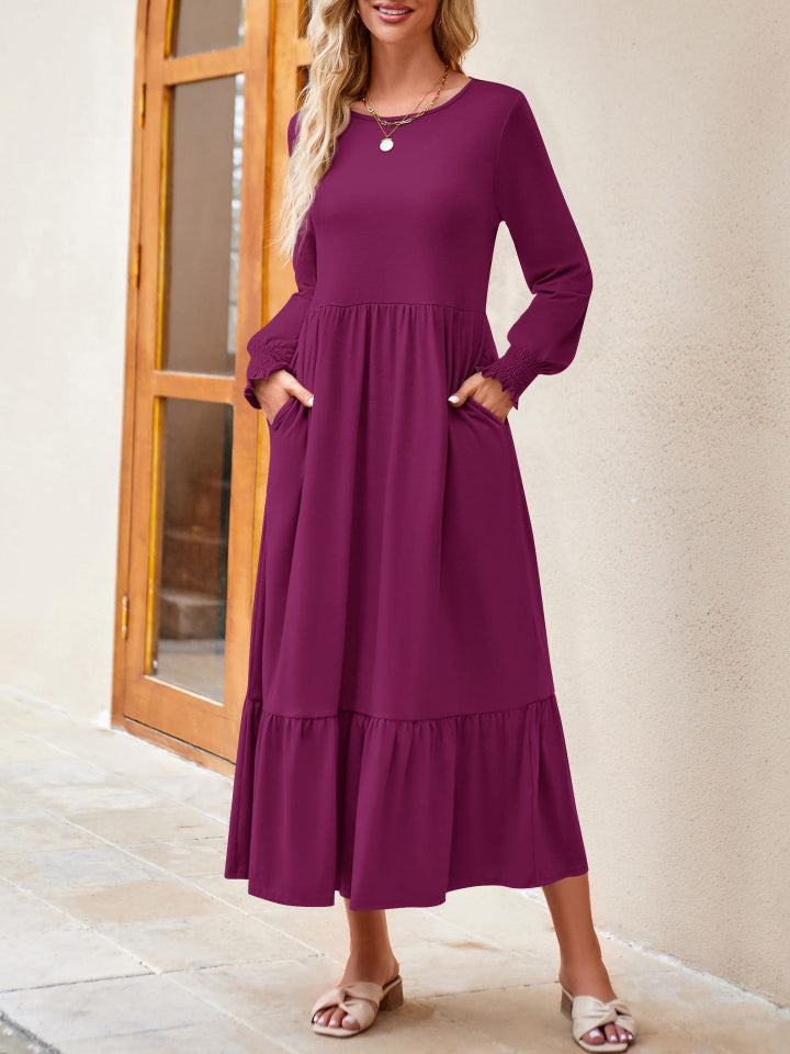 Round Neck Lantern Sleeve Ruffle Hem Dress Dress Trendsi   