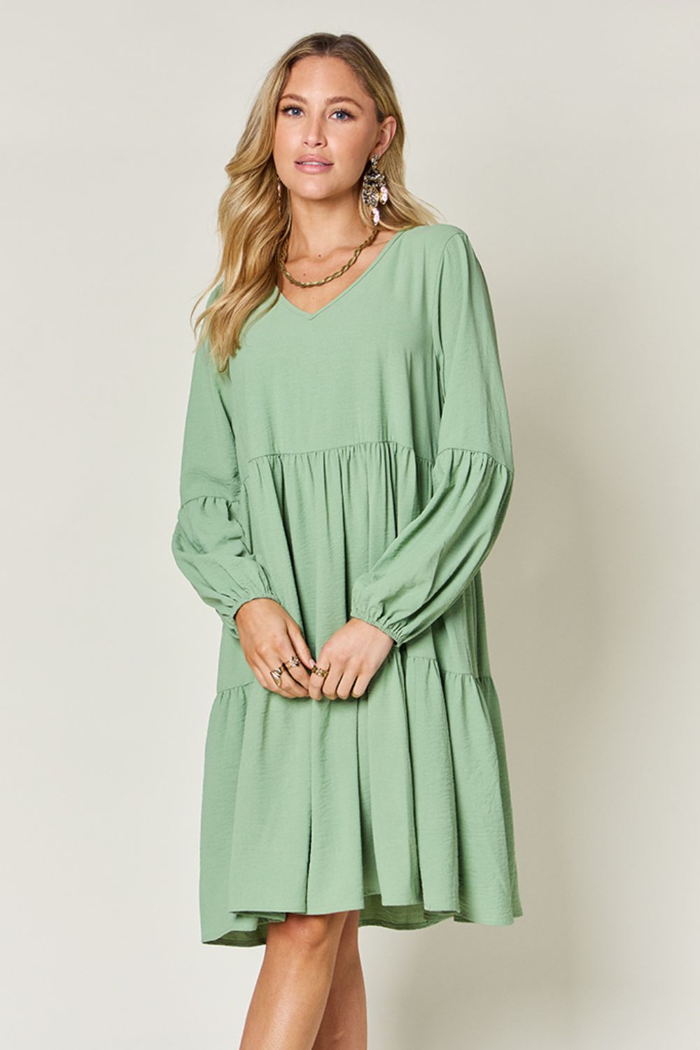 Double Take Full Size V-Neck Balloon Sleeve Tiered Dress Dresses Trendsi   