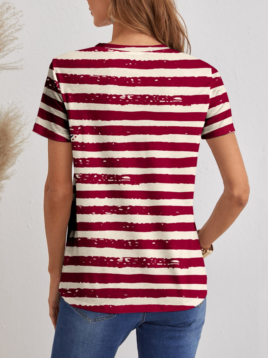 Stars & Stripes V-Neck Short Sleeve T-Shirt Tops Trendsi   