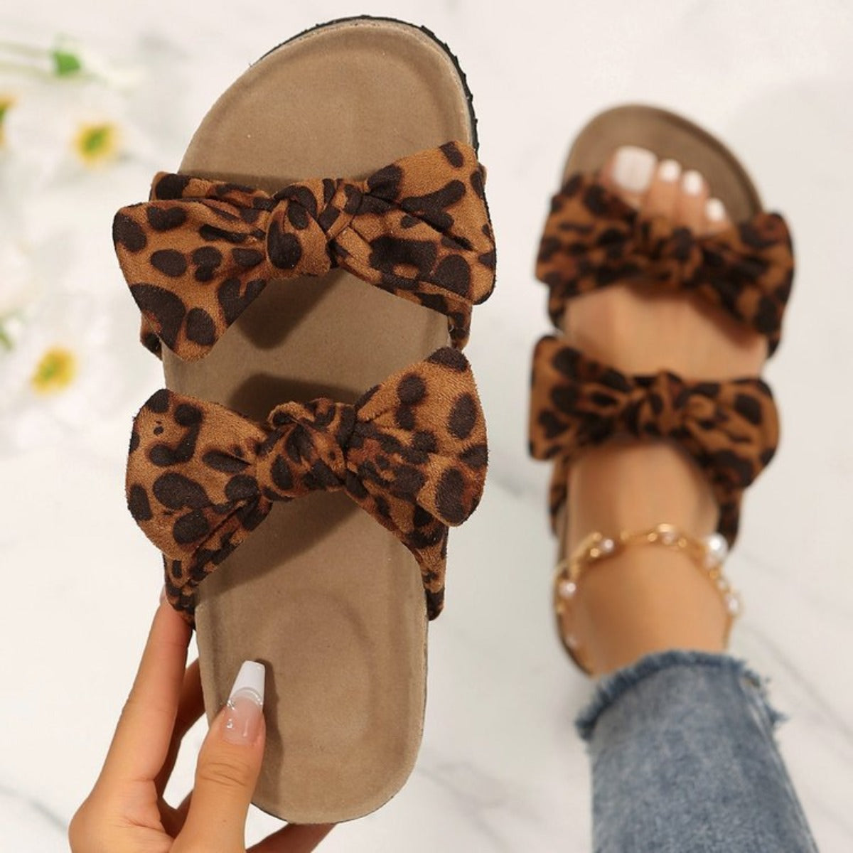 Leopard Double Bow Open Toe Sandals