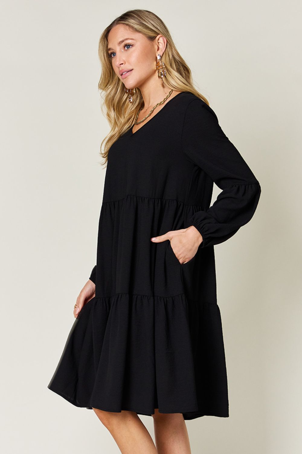 Double Take Full Size V-Neck Balloon Sleeve Tiered Dress Dresses Trendsi   