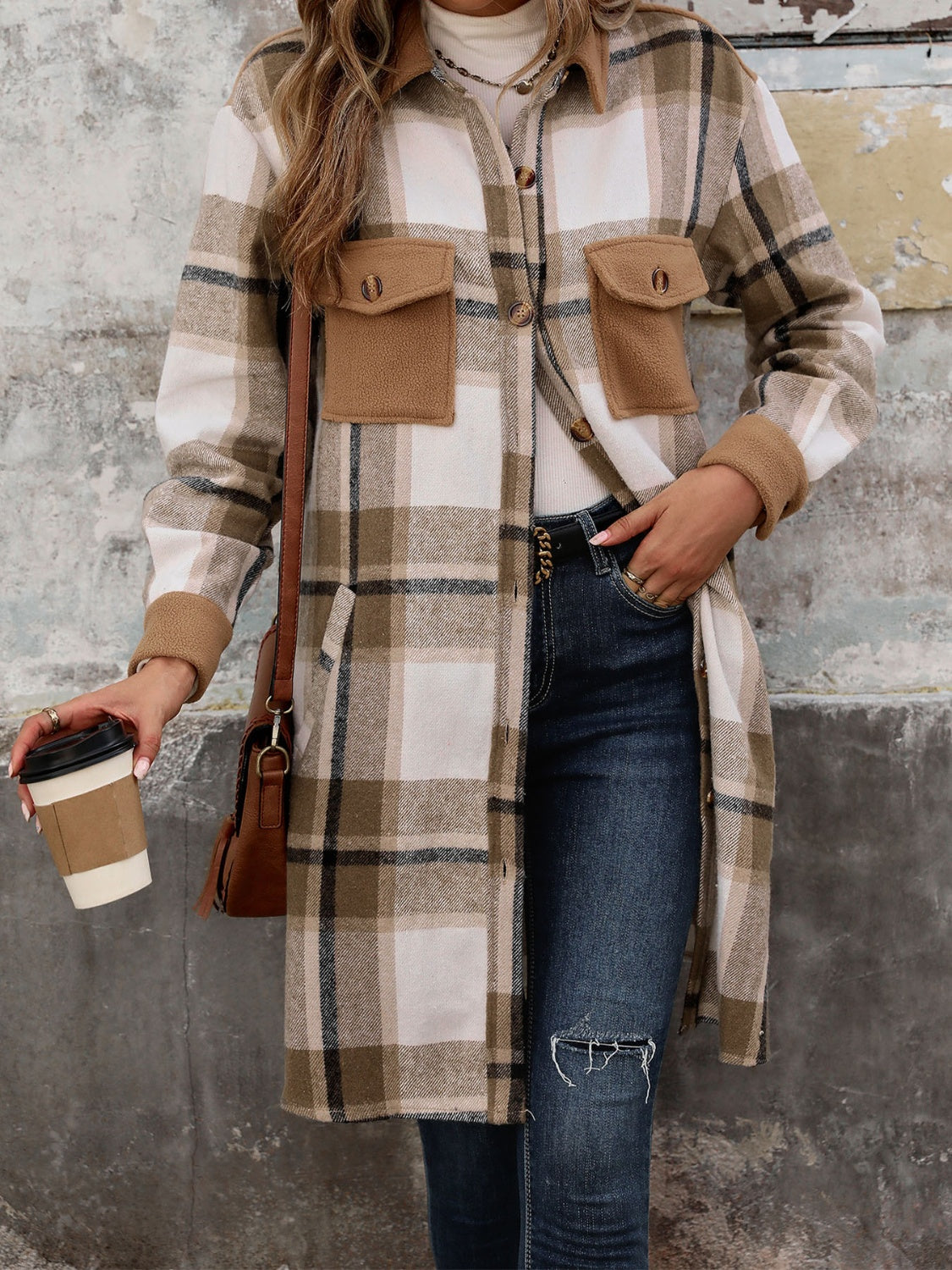 Perfee Plaid Button Up Long Sleeve Coat