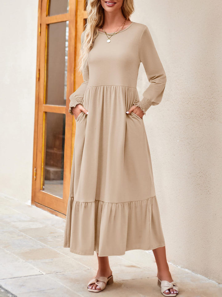 Round Neck Lantern Sleeve Ruffle Hem Dress Dress Trendsi   