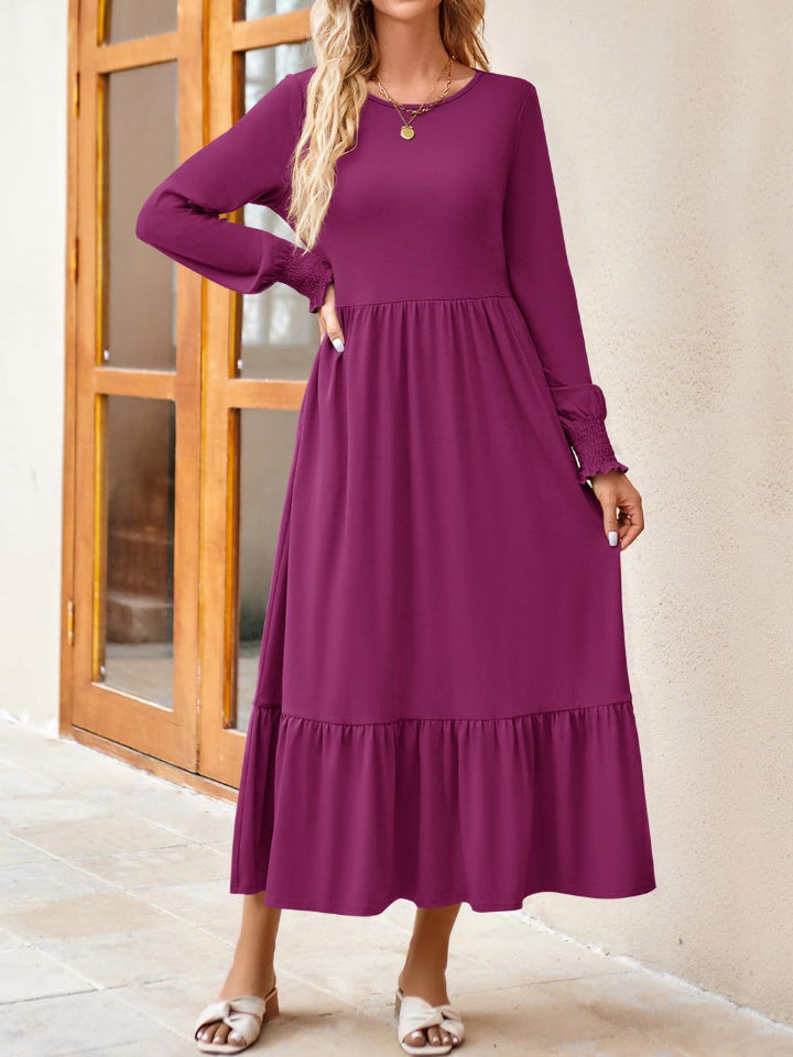 Round Neck Lantern Sleeve Ruffle Hem Dress Dress Trendsi Deep Purple S 