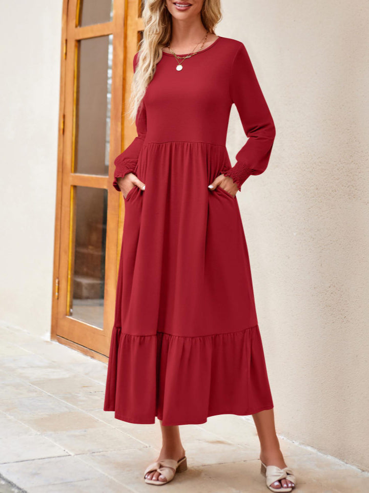 Round Neck Lantern Sleeve Ruffle Hem Dress Dress Trendsi   