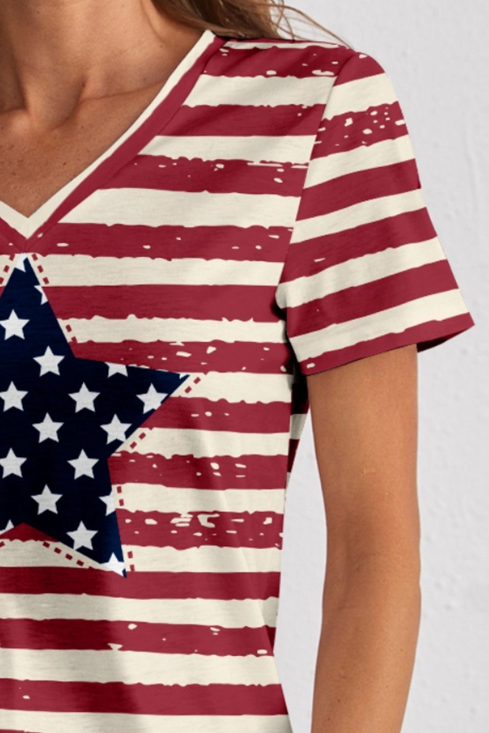 Stars & Stripes V-Neck Short Sleeve T-Shirt Tops Trendsi   