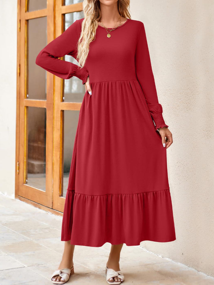 Round Neck Lantern Sleeve Ruffle Hem Dress Dress Trendsi Deep Red S 