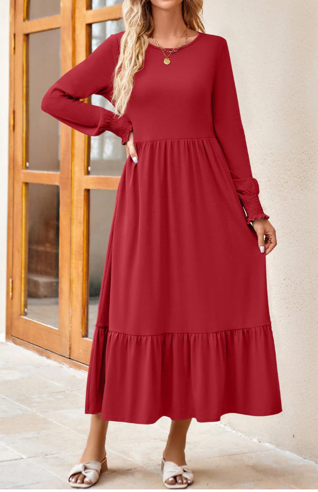 Round Neck Lantern Sleeve Ruffle Hem Dress Dress Trendsi   