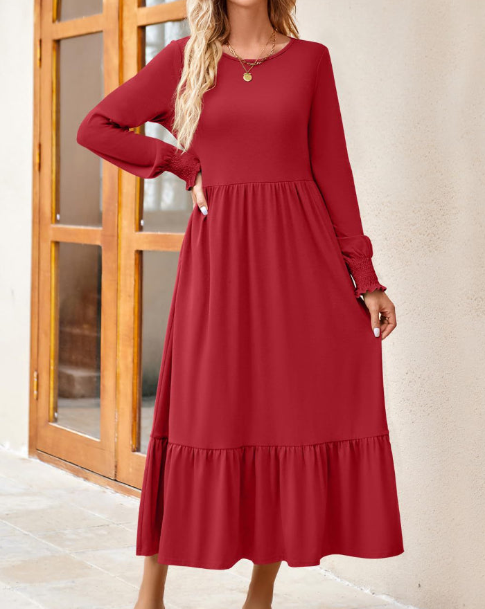 Round Neck Lantern Sleeve Ruffle Hem Dress Dress Trendsi   