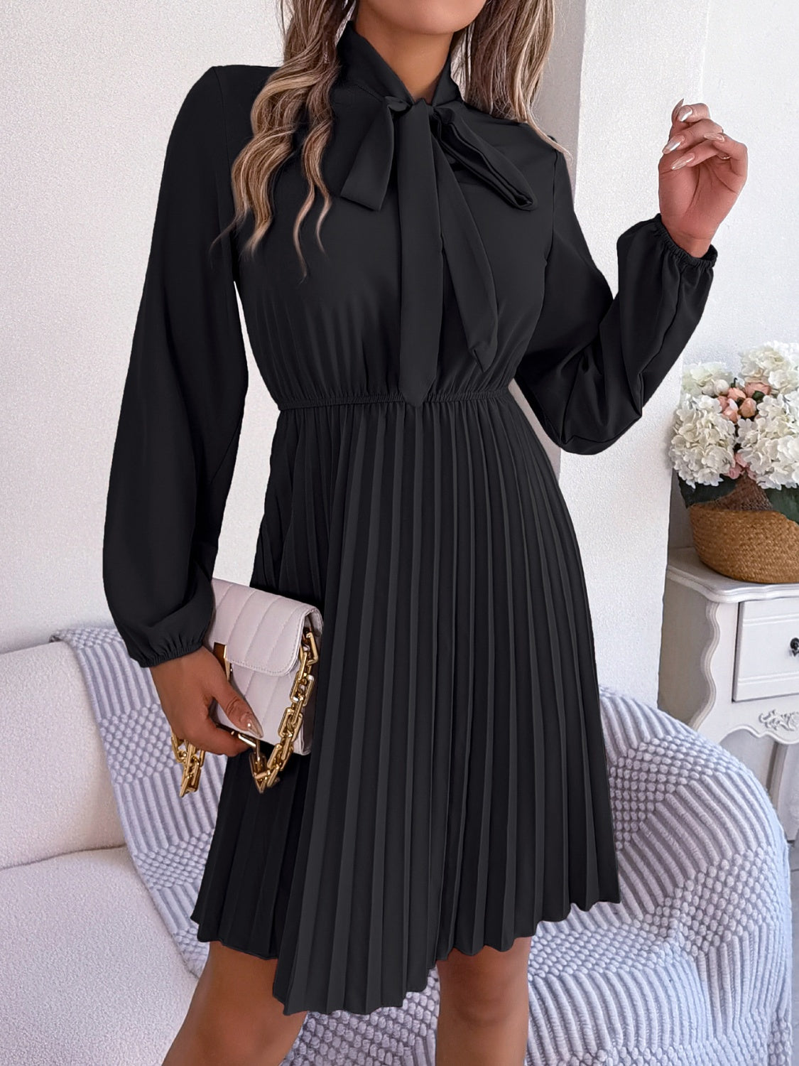 Tie Neck Balloon Sleeve Pleated Dress Dress Trendsi   