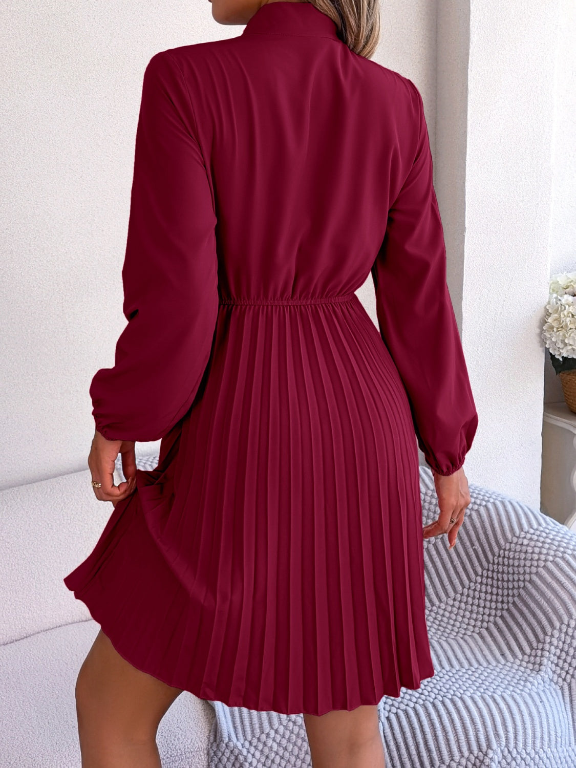 Tie Neck Balloon Sleeve Pleated Dress Dress Trendsi   