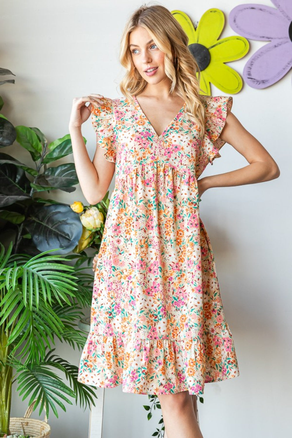 Heimish Full Size Floral Ruffled V-Neck Dress Dress Trendsi   
