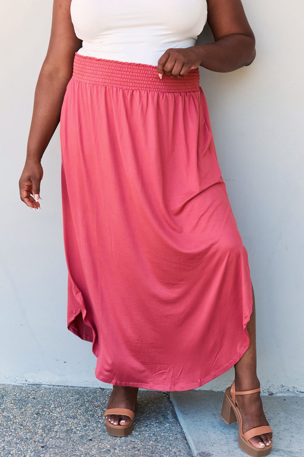 Doublju Comfort Princess Full Size High Waist Scoop Hem Maxi Skirt in Hot Pink Womens Trendsi Pink S 