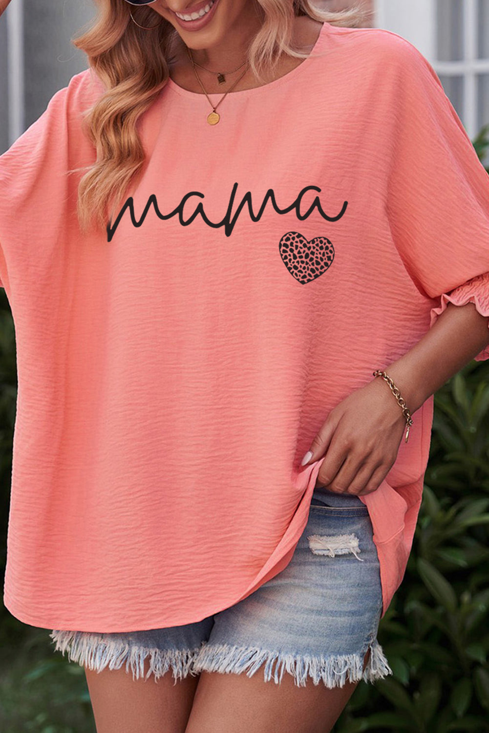 MAMA Round Neck Lantern Sleeve Blouse Long Sleeve Tops Trendsi Coral S 