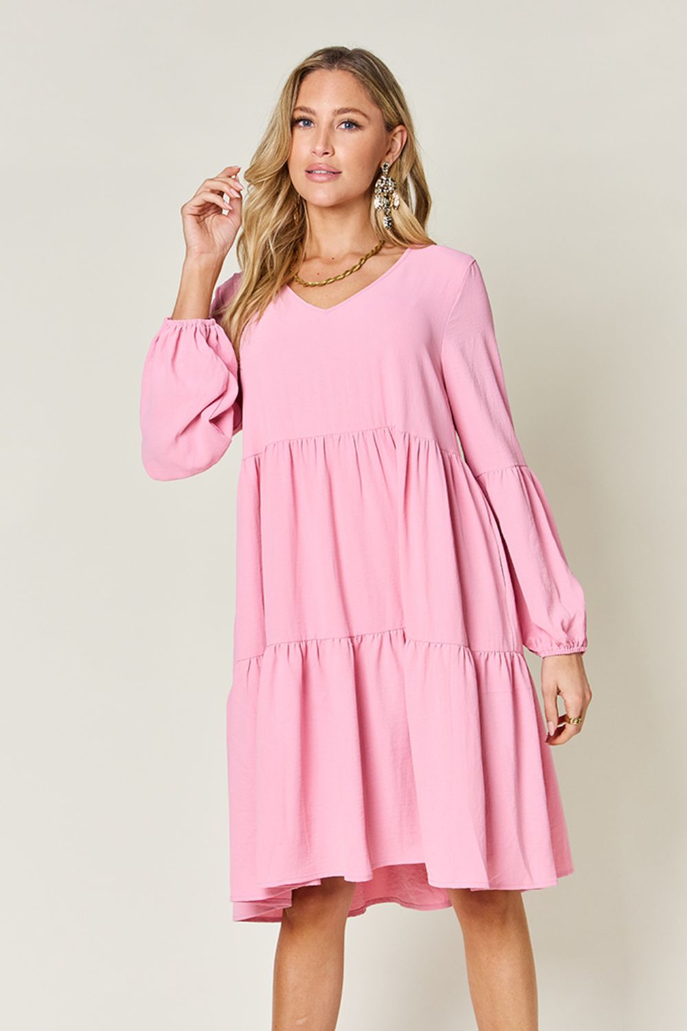Double Take Full Size V-Neck Balloon Sleeve Tiered Dress Dresses Trendsi Carnation Pink S 