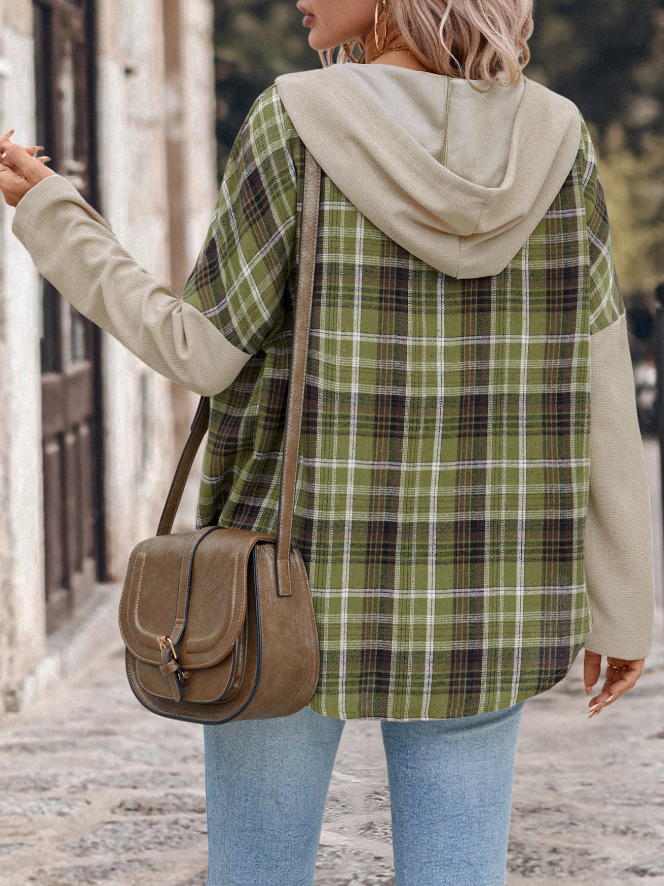 Perfee Drawstring Plaid Long Sleeve Hooded Shirt