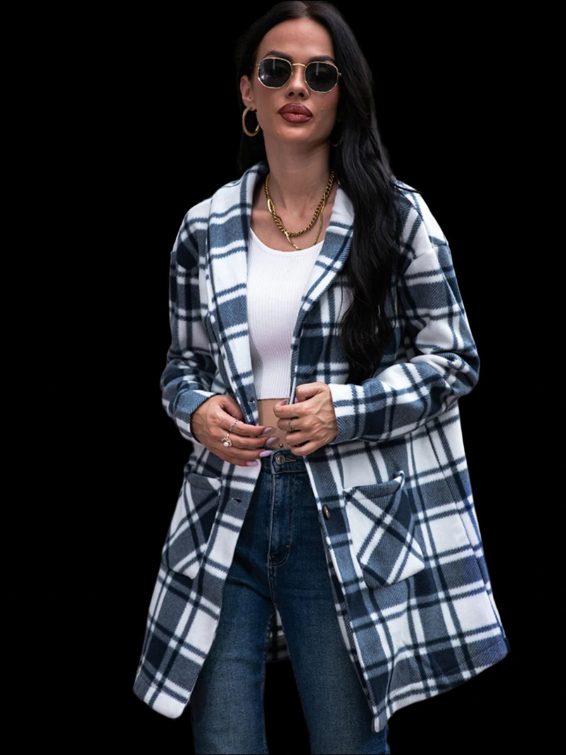 Shiny Plaid Shawl Collar Coat with Pockets