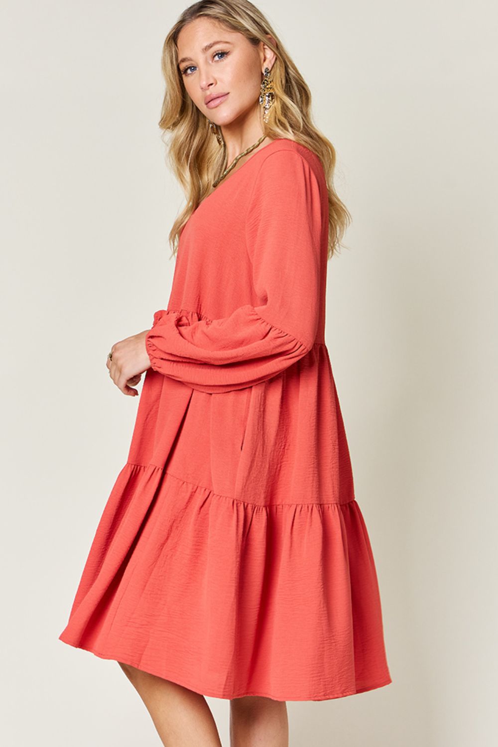 Double Take Full Size V-Neck Balloon Sleeve Tiered Dress Dresses Trendsi   