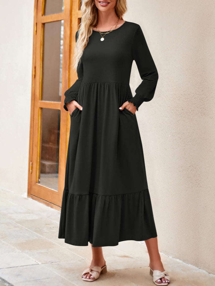 Round Neck Lantern Sleeve Ruffle Hem Dress Dress Trendsi   