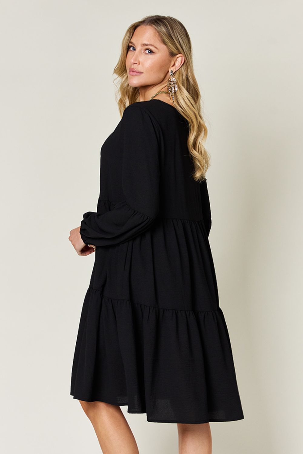 Double Take Full Size V-Neck Balloon Sleeve Tiered Dress Dresses Trendsi   