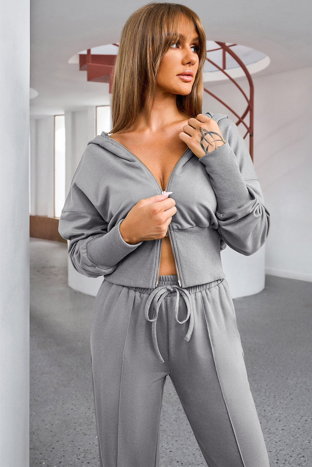 Dropped Shoulder Hoodie and Drawstring Pants Active Set Athleisure Trendsi   