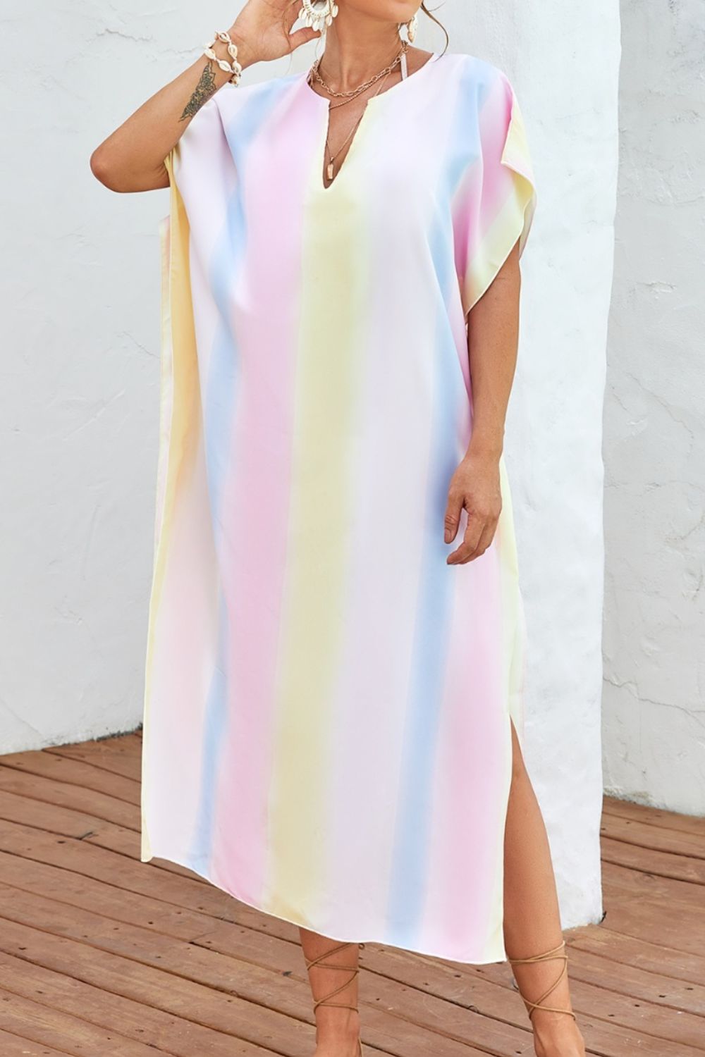 Slit Striped Notched Short Sleeve Cover Up Swimwear Trendsi Multicolor One Size 
