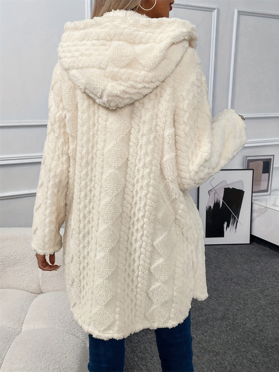 Fuzzy Button Down Hooded Coat